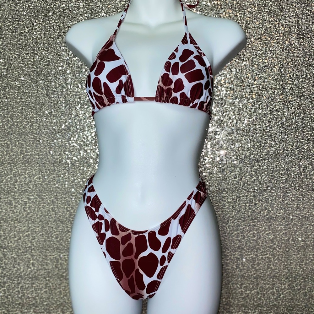 Brown & White Giraffe Print Bikini with Sheer Giraffe Print Cover up top. S,M,L